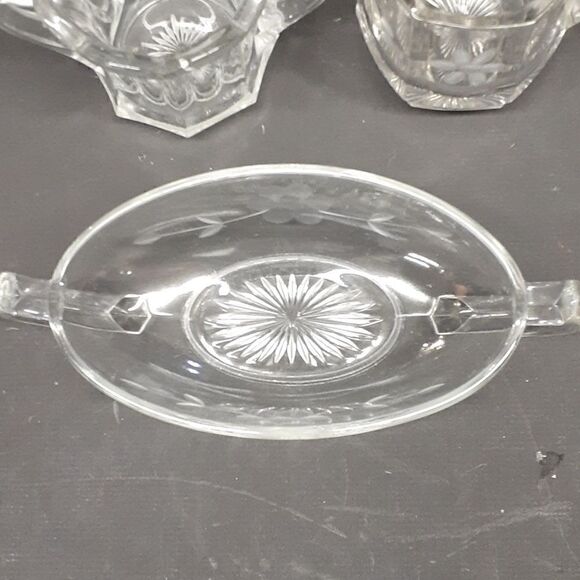 3 pc etched floral crystal sugar/creamer, & sm. dish with bottom star design - Picture 2 of 13